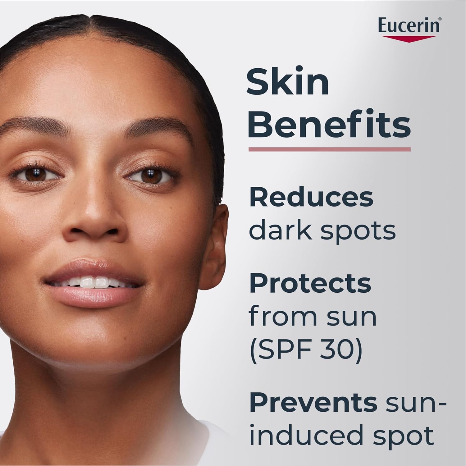 Eucerin advertisement featuring a woman's face with skin benefits text on a white background
