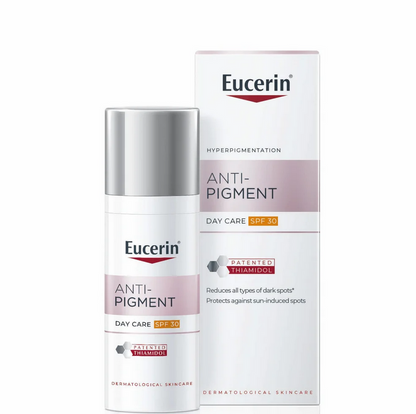 Eucerin Anti-Pigment Day Care SPF 30 cream and packaging on a white background