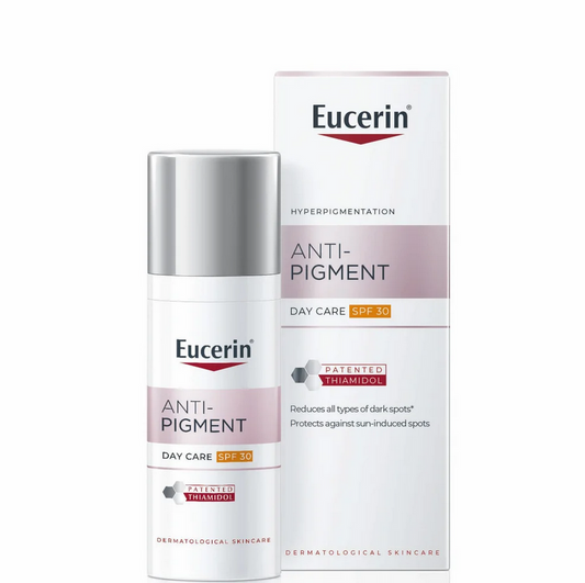 Eucerin Anti-Pigment Day Care SPF 30 cream and packaging on a white background