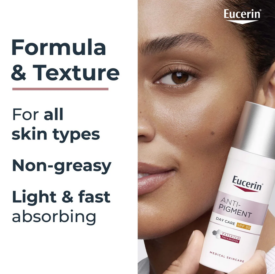 Eucerin skincare product with text about formula and texture on a white background