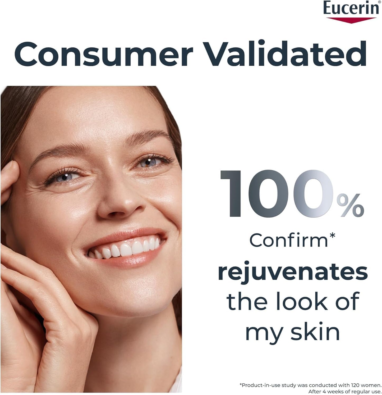 Advertisement for Eucerin with a woman's face and text about skin rejuvenation.