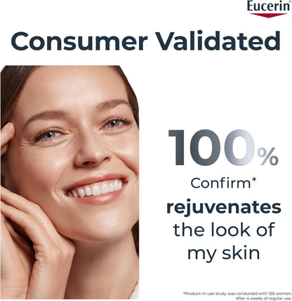 Advertisement for Eucerin with a woman's face and text about skin rejuvenation.