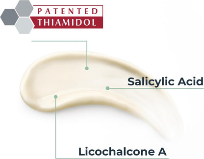 Eucerin Cream with labeled components Salicylic Acid and Licochalcone A, on a white background.