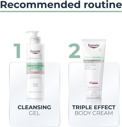 Eucerin cleansing gel and triple effect body cream on a white background