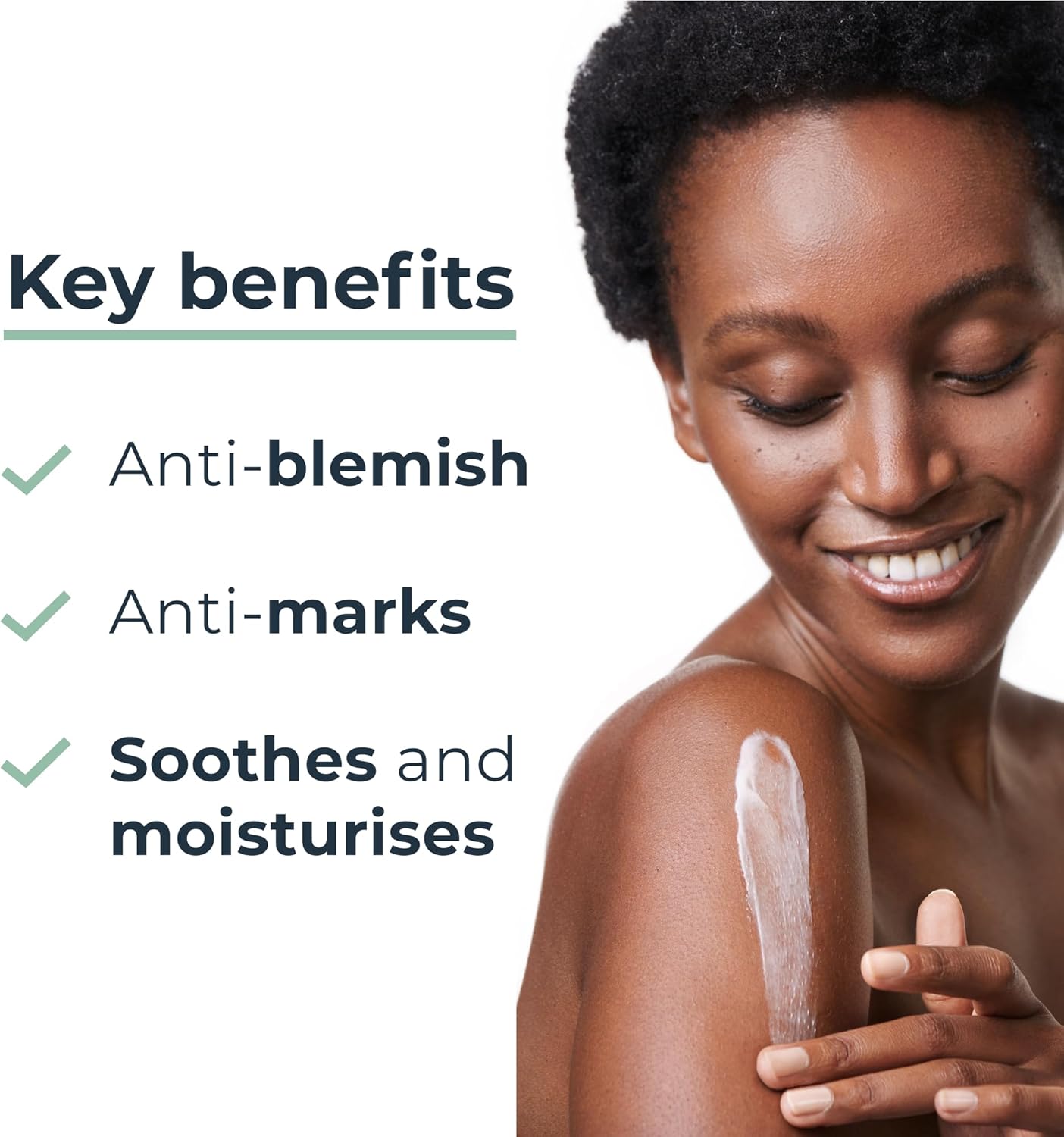 Woman applying Eucerin cream to shoulder with text highlighting key benefits on a white background