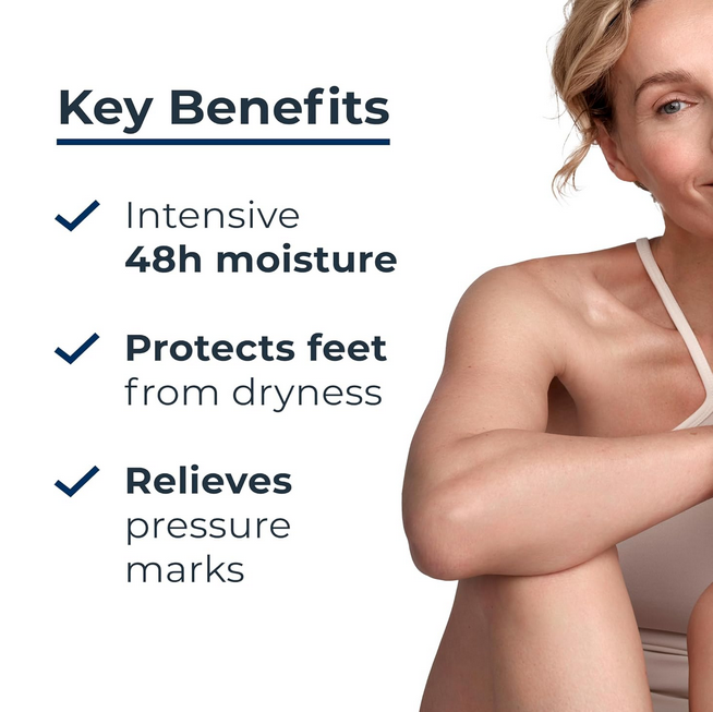 Woman with smooth skin and text listing key benefits of a Eucerin skincare product.