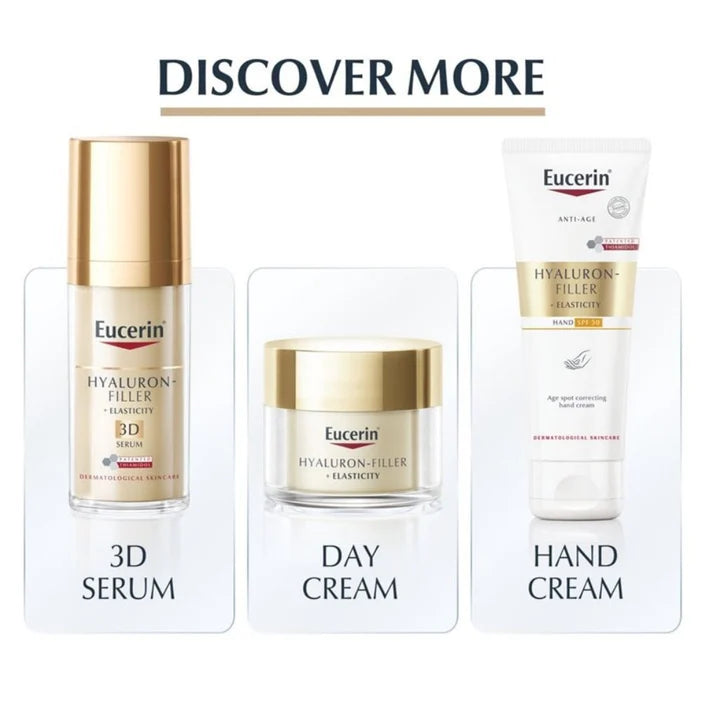 Eucerin skincare products including 3D Serum, Day Cream, and Hand Cream on a white background.