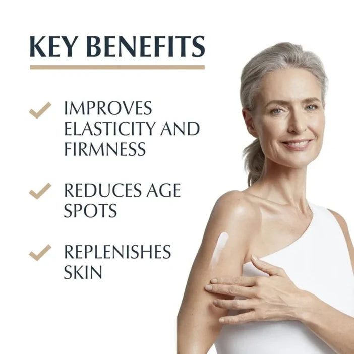 Woman with a white shirt showing her shoulder, with text listing key benefits of Eucerin skincare product.