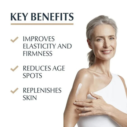 Woman with a white shirt showing her shoulder, with text listing key benefits of Eucerin skincare product.