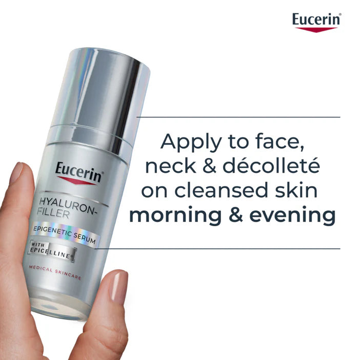 Eucerin serum bottle held by a hand with application instructions on a white background