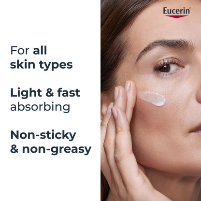 Eucerin skincare product advertisement with a woman applying cream to her face.