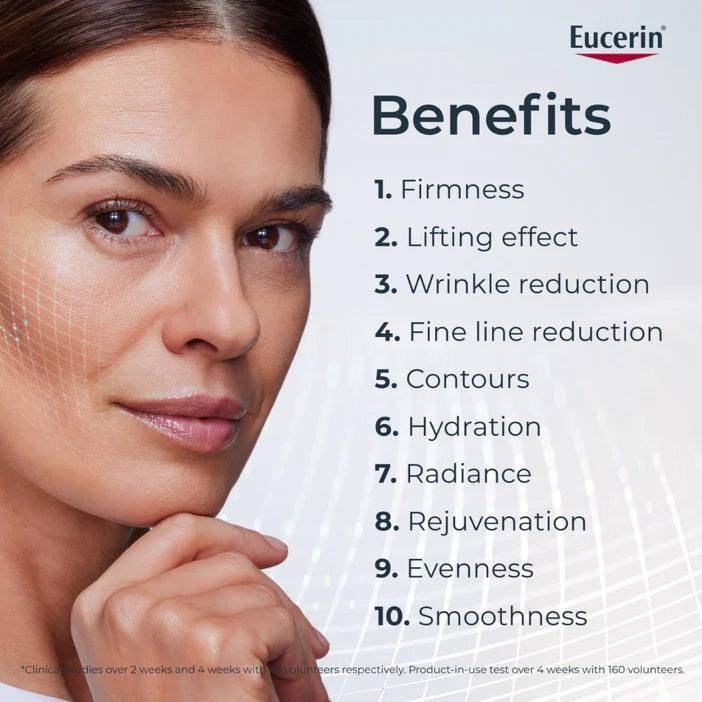 Woman's face with Eucerin benefits listed on a light gray background