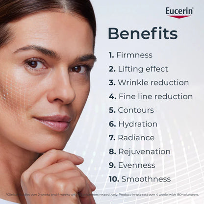 Woman's face with Eucerin benefits listed on a light gray background