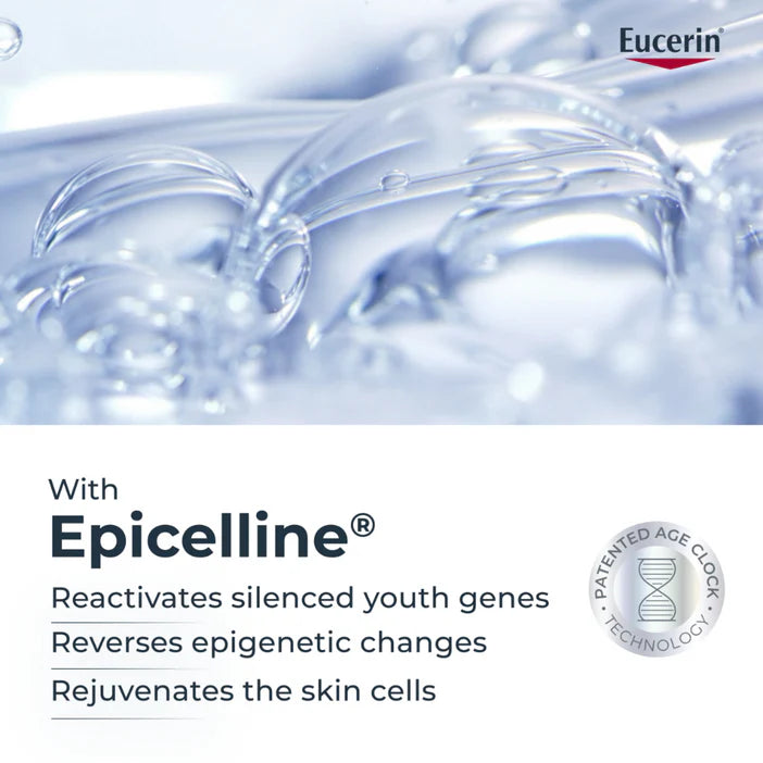 Eucerin Epicelline skincare product with water droplets and brand logo.