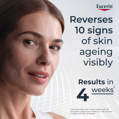 Eucerin advertisement with a woman's face and text about skin aging reversal.