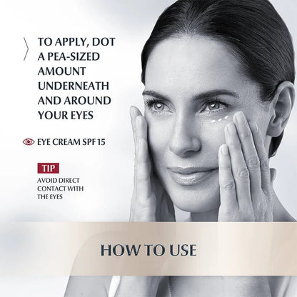 Woman applying Eucerin eye cream with text on how to use it