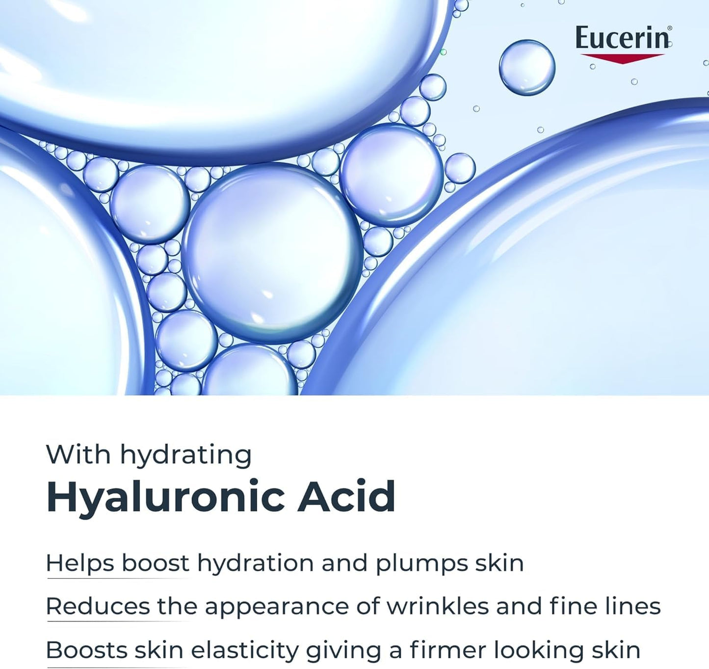 Eucerin advertisement with blue bubbles and text about hydrating hyaluronic acid.