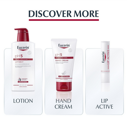 Eucerin pH5 skincare products including lotion, hand cream, and lip active on a white background.