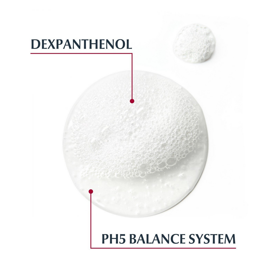 Eucerin White foam with 'DEXPANTHENOL' and 'PH5 BALANCE SYSTEM' text on a white background