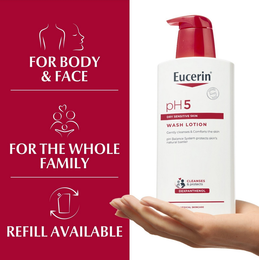 Eucerin pH5 wash lotion with a red background and text about product use.