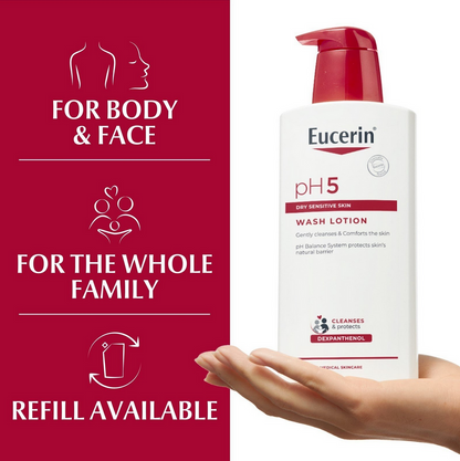 Eucerin pH5 wash lotion with a red background and text about product use.