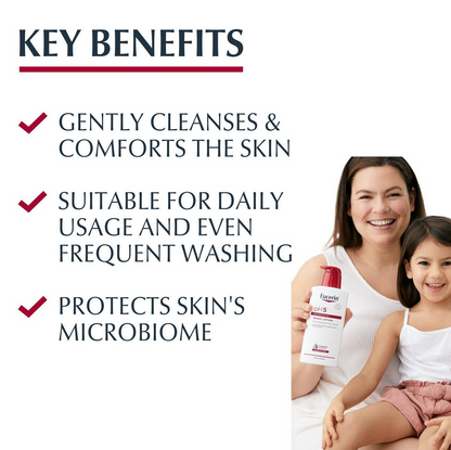 Woman and child holding a Eucerin bottle with key benefits listed on a white background