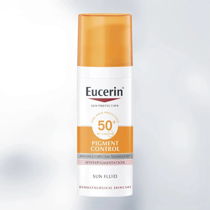 Eucerin sun fluid bottle with SPF 50 on a light gray background