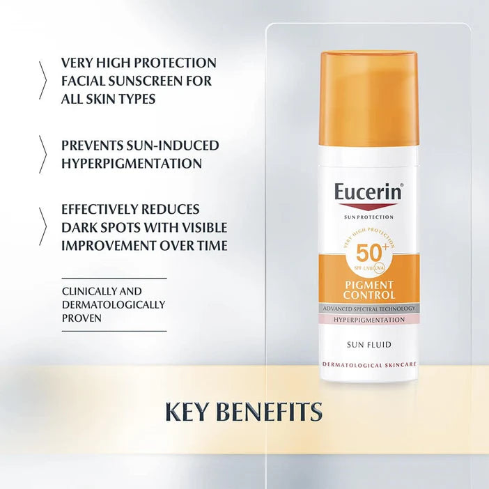 Eucerin sunscreen bottle with key benefits listed on a light gray background