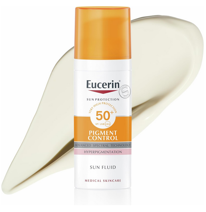 Eucerin Sun Protection Pigment Control Sun Fluid bottle with applicator on a white background