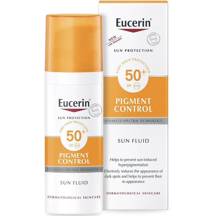 Eucerin Pigment Control Sun Fluid packaging on a white background