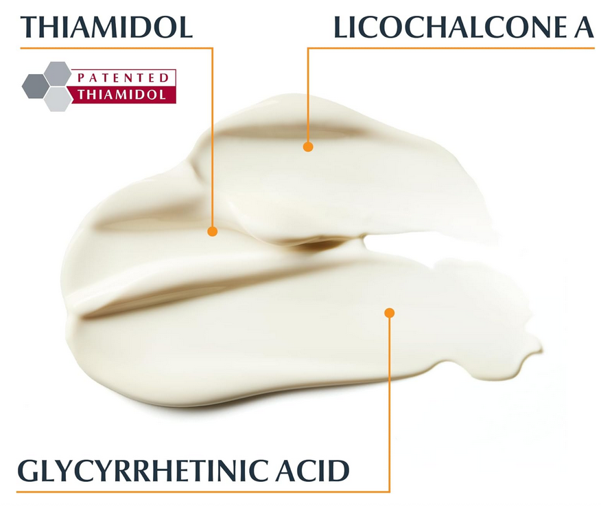Eucerin Cream with labeled ingredients Thiamidol, Licochalcone A, and Glycyrrhettinic Acid on a white background.