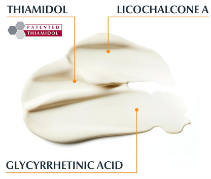 Eucerin Cream with labeled ingredients Thiamidol, Licochalcone A, and Glycyrrhettinic Acid on a white background.
