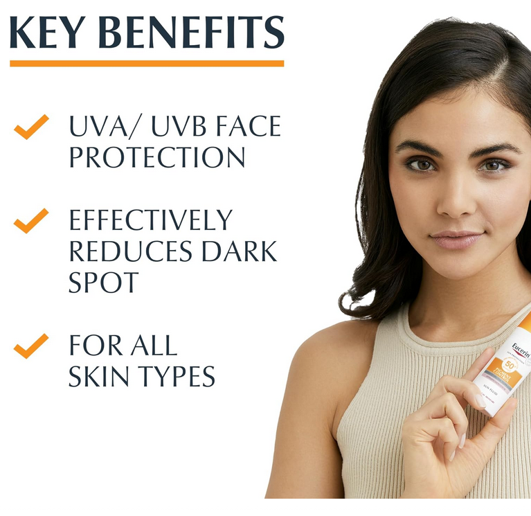 Woman holding a Eucerin skincare product with key benefits listed on a white background