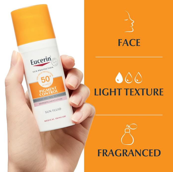 Eucerin sunscreen bottle held in a hand with product features on an orange background