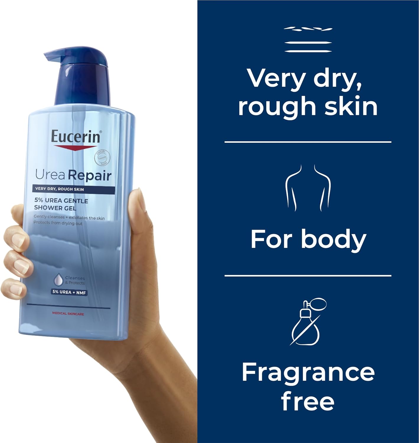Eucerin Urea Repair shower gel bottle held by a hand with product features on a blue background