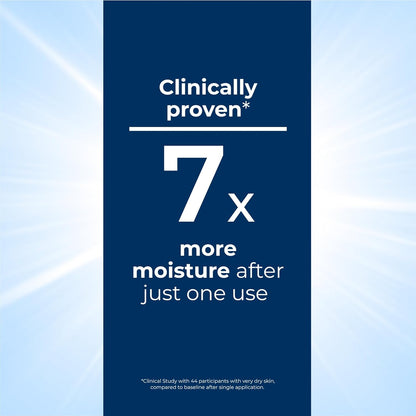 Eucerin Promotional graphic with text 'Clinically proven 7x more moisture after just one use' on a blue background.