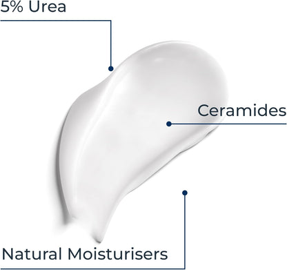 White Eucerin cream with labeled ingredients on a white background