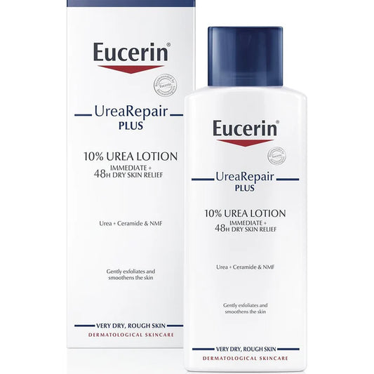 Eucerin UreaRepair Plus 10% Urea Lotion packaging on a white background