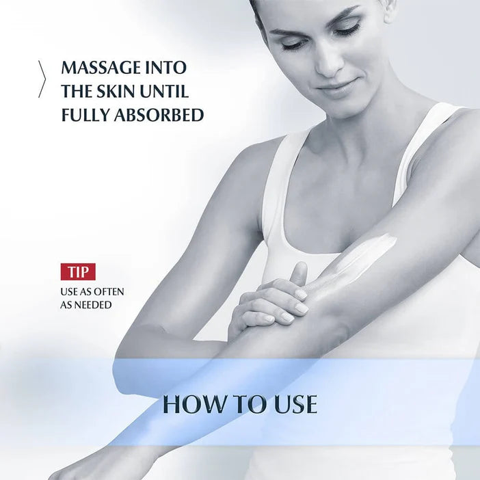 Woman massaging her arm withEucerin text on how to use a product, on a light gray background