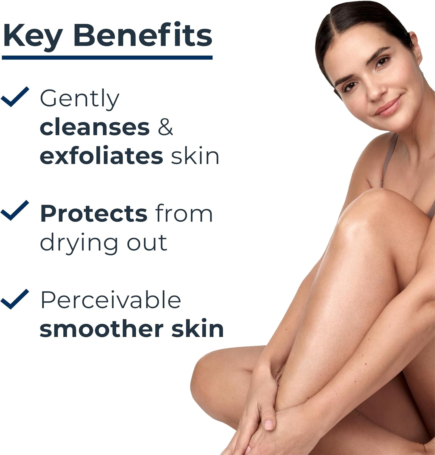 Eucerin Woman with smooth skin sitting on a white background with text highlighting key benefits.