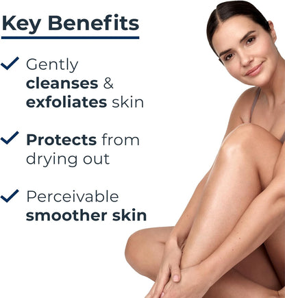 Eucerin Woman with smooth skin sitting on a white background with text highlighting key benefits.