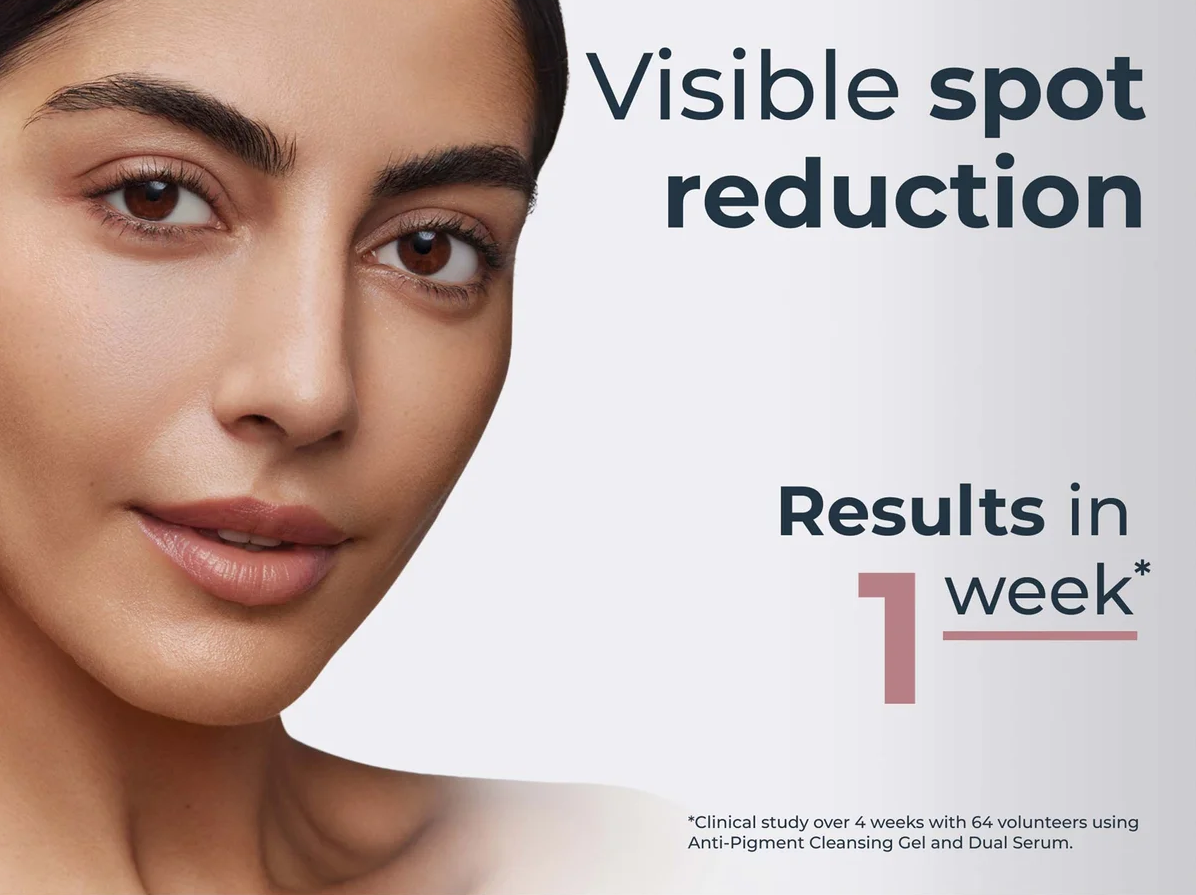 Advertisement for Eucerin skin care product with a woman's face and text about visible spot reduction.