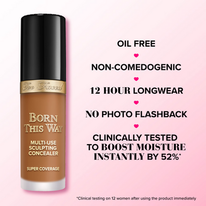 Too Faced Born This Way Super Coverage Multi Use Concealer features oil-free, non-comedogenic, and long-lasting formula.