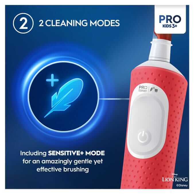 Oral-B Pro Kids Electric Toothbrush Lion King with 2 cleaning modes, including a gentle Sensitive+ mode for kids.