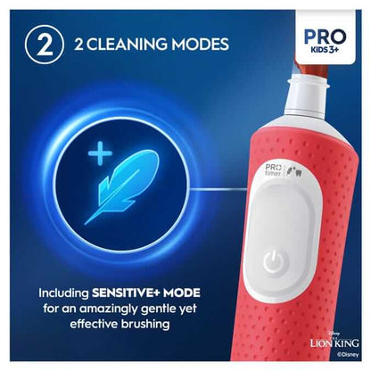 Oral-B Pro Kids Electric Toothbrush Lion King with 2 cleaning modes, including a gentle Sensitive+ mode for kids.