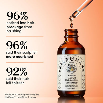 Fable & Mane hair oil bottle with dropper on a gradient background