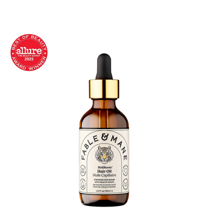 Fable & Mane hair oil bottle with dropper on a white background, featuring Allure Best of Beauty award.