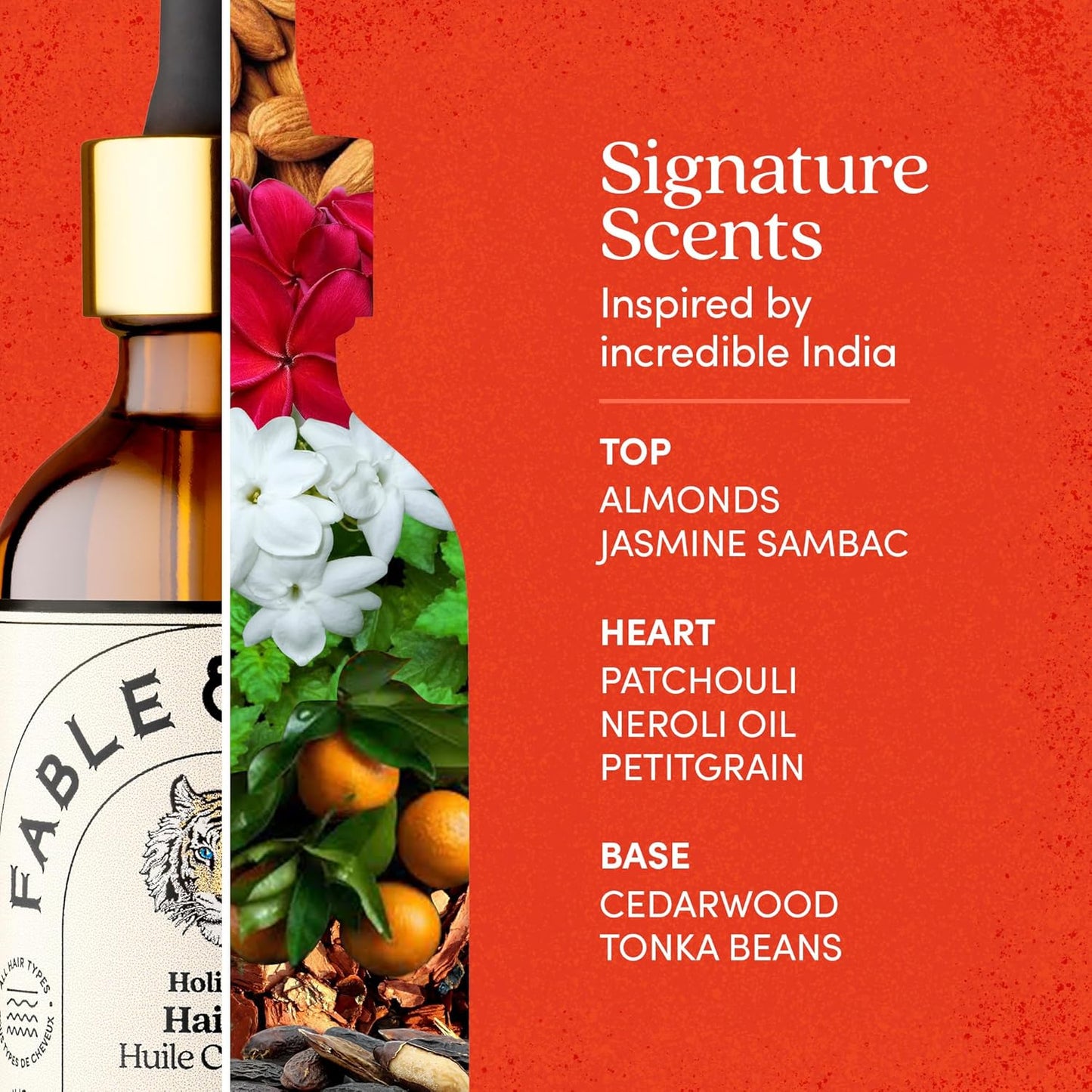 Fable & Mane Signature Scents inspired by India with a bottle and floral elements on a red background.