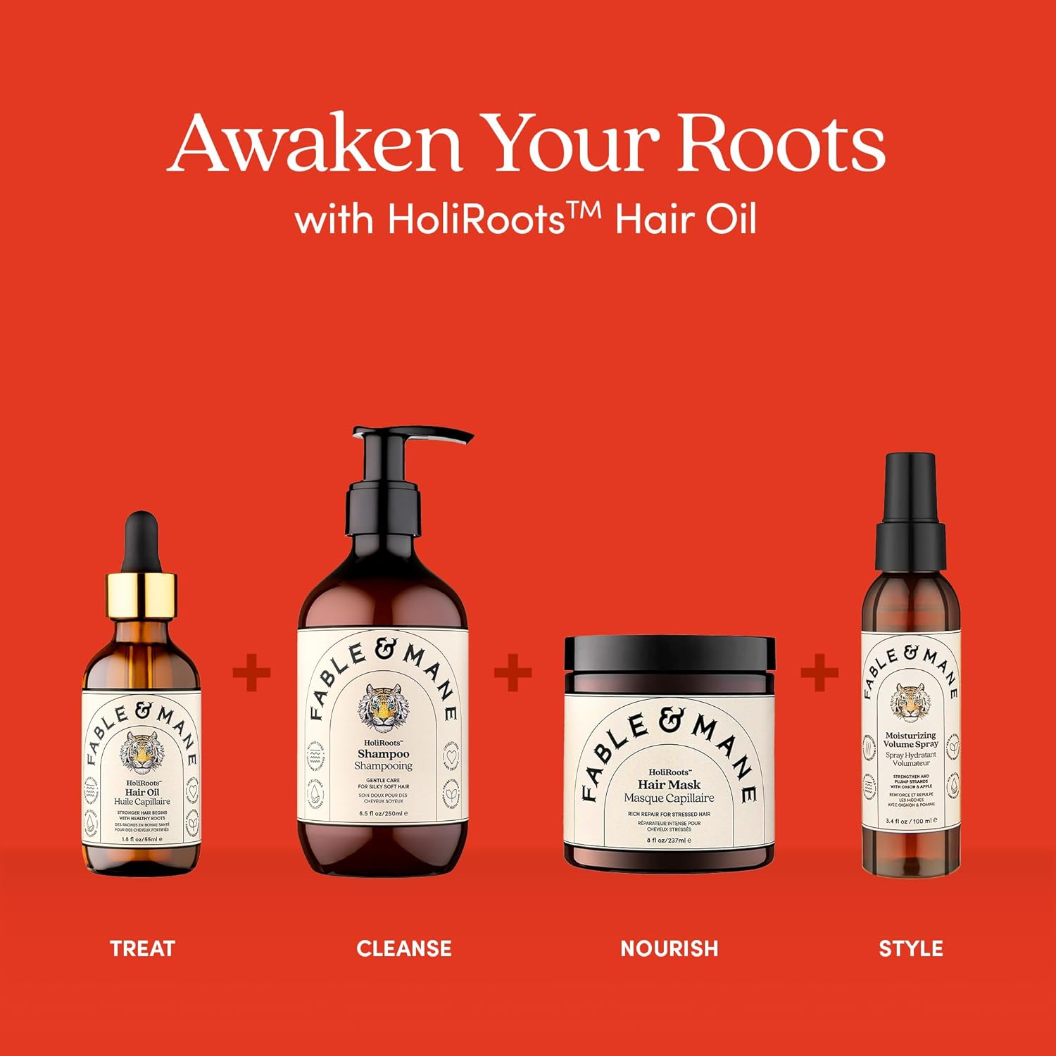 Fable & Mane hair care product set with bottles and a jar on a red background, featuring the text 'Awaken Your Roots with HoliRoots Hair Oil'.