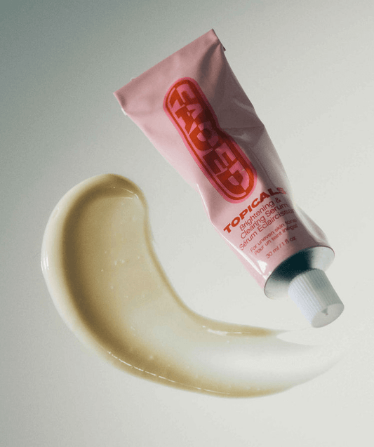 Faded Brightening + Clearing Serum For Dark Spots + Uneven Skintone in a tube with creamy texture.